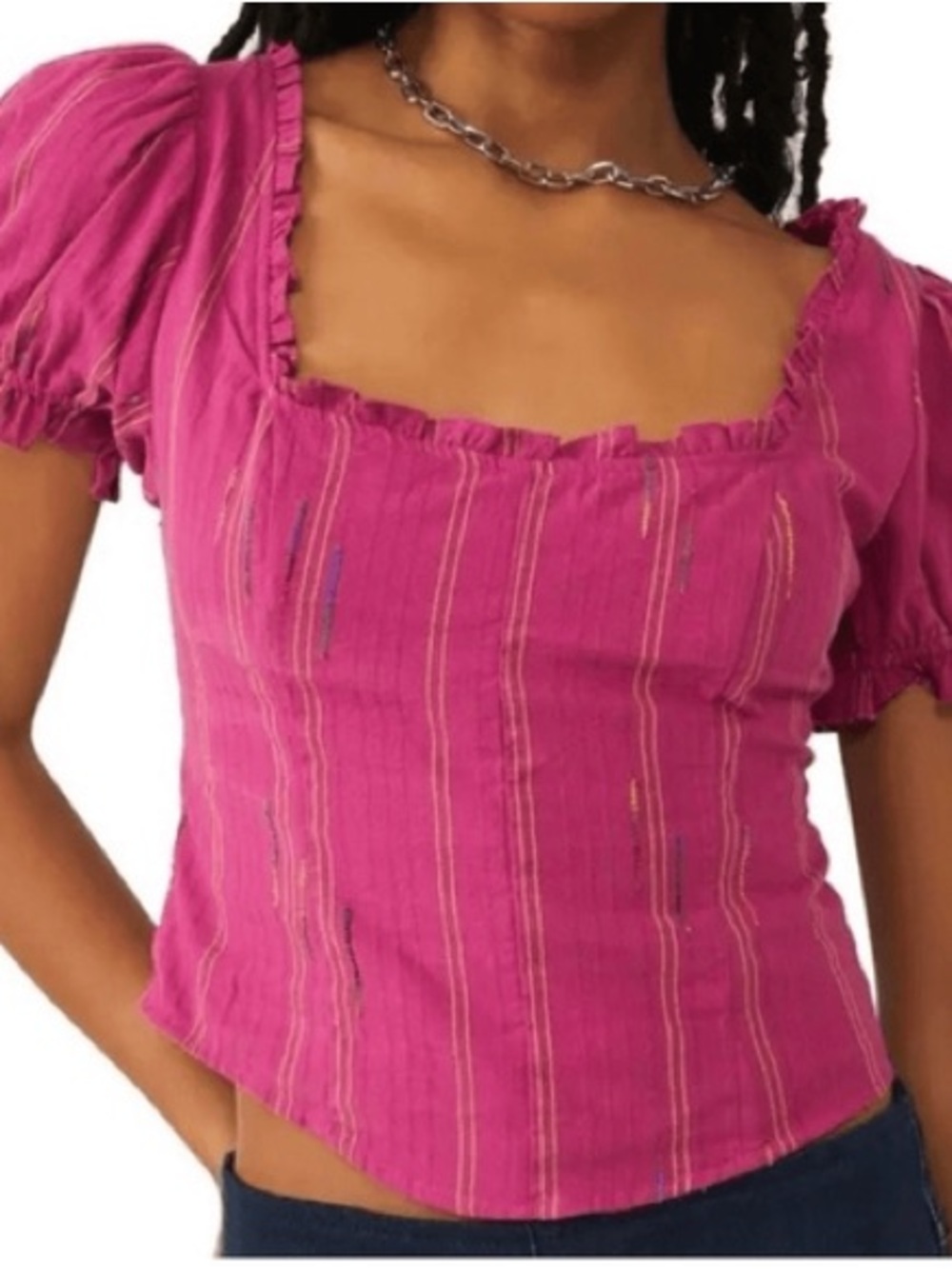 Free People Top Serotonin corset style Raspberry Square-Neck Puff Sleeve Crop